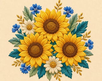 May include: A detailed embroidery design featuring three large yellow sunflowers with brown centers, two white daisies, and several small blue cornflowers. The floral arrangement is accented with textured green leaves and thin golden sprigs on a cream background.