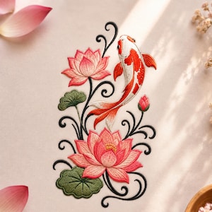 May include: An embroidery design featuring a white and orange koi fish swimming among pink lotus flowers, green lily pads, and black swirling vine accents on a light beige fabric background. The koi fish has detailed scales.