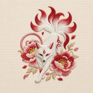 Peut inclure: Broderie d'un renard blanc avec des détails rouges et neuf queues, entouré de fleurs rouges et dorées. Le renard a des yeux rouges et une gemme rouge sur le front. Le motif est sur un fond crème.