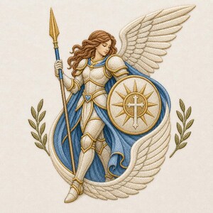 May include: An embroidered design featuring a winged figure in cream-colored armor and a blue cape, holding a tall spear and a round shield with a central cross and sunburst motif. Two olive branches flank the figure, which is framed by large wings.