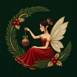 May include: An embroidery design featuring a fairy with dark hair and gold wings wearing a red dress. The fairy holds a red ornament while sitting within a crescent-shaped wreath of green pine needles, gold holly leaves, and red berries.