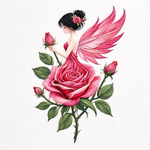 Rose Fairy Floral Embroidery Design Pink Wings Woman Romantic Machine File Digital Download
