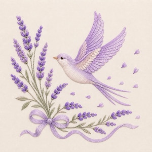 May include: Embroidered artwork featuring a lavender-colored bird in flight, accompanied by a bouquet of lavender and a ribbon. The bird has white and lavender wings, and the lavender has green stems. The background is a light beige color.