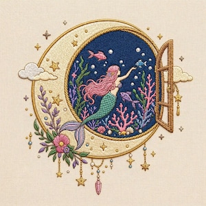 May include: Embroidered artwork featuring a mermaid with pink hair and a teal tail reaching for a fish inside a crescent moon window. The scene includes coral, seaweed, and stars, with a wooden window frame. The design is surrounded by floral and star embellishments.