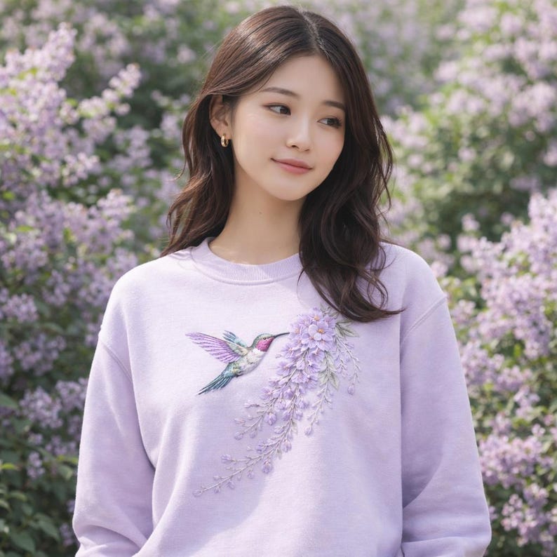 May include: A light lavender crewneck sweatshirt featuring an embroidered design of a hummingbird with iridescent pink, blue, and green wings hovering near a cluster of textured, three-dimensional purple wisteria flowers on the chest.