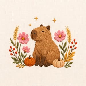 Op de afbeelding: Een borduurontwerp met een bruine capibara in het midden, geflankeerd door twee roze bloemen, korenaren, rode bessen en twee kleine pompoenen. De capibara kijkt glimlachend en erboven zijn vier kleine goudkleurige vierpuntige sterren geborduurd.