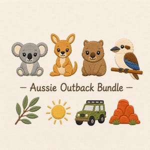 Pode incluir: Um conjunto de bordados com um coala cinzento, um canguru bege, um vombate castanho e um kookaburra num ramo. Abaixo do texto "Aussie Outback Bundle" encontram-se um ramo com folhas verdes, um sol amarelo, um veículo todo-o-terreno verde e rochas cor de laranja.