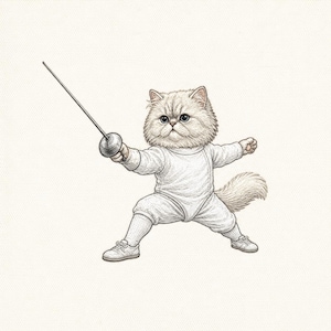 May include: An illustration of a fluffy white cat dressed in a white fencing uniform, holding a foil. The cat is in a fencing stance, with its legs bent and arms extended. The background is a plain off-white color.
