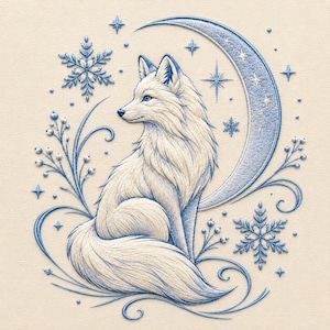 Könnte beinhalten: Illustration eines weißen Fuchses mit blauen Akzenten, vor einem Halbmond. Das Design umfasst Schneeflocken, Sterne und florale Elemente, die ein Winter- oder Fantasy-Thema hervorrufen. Der Fuchs hat detailliertes Fell und blaue Augen.