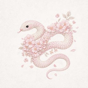 May include: An embroidered image of a pink snake entwined with pink cherry blossoms and leaves. The snake and flowers are finely detailed, giving a delicate appearance. The background is a textured white fabric.