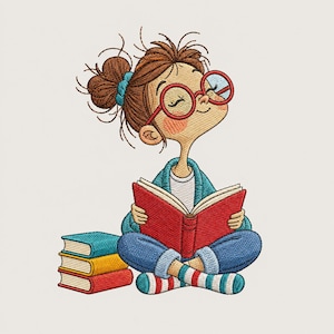 May include: An embroidery design featuring a character with brown hair in a messy bun, wearing large red glasses, a teal cardigan, and blue jeans, sitting cross-legged while reading an open red book, with a stack of three colorful books nearby.