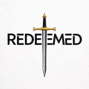 May include: Embroidered design featuring the word "REDEEMED" in black, with a sword piercing through the center. The sword has a gold hilt and pommel, and a silver blade. The background is white.