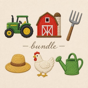 May include: An embroidery design bundle featuring a green tractor, a red barn, a gray pitchfork, a straw hat, a white chicken, and a green watering can. The word bundle is written in cursive script in the center of the collection of embroidered items.