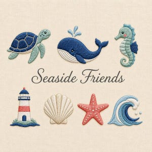 Puede incluir: Parches bordados sobre tela beige claro que muestran una tortuga marina, una ballena azul, un caballito de mar, un faro, una concha, una estrella de mar y una ola. El texto Seaside Friends está centrado en el medio con letra cursiva marrón.