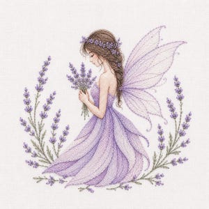Op de afbeelding: Gedetailleerde illustratie van een fee in een lavendelkleurige jurk, met een boeket lavendel in haar handen. De fee heeft delicate vleugels en een bloemenkrans. Lavendel takjes omlijsten de fee, wat een zacht, grillig ontwerp creëert.