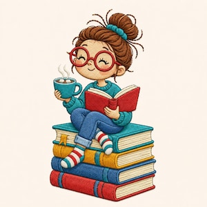 May include: An embroidered illustration of a character with brown hair in a bun, wearing red glasses and a teal sweater, sitting on a stack of four colorful books. The character holds a teal mug with steam and reads an open red book.