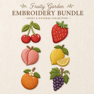Ensemble de broderies cerise, fraise, pêche, citron, orange, raisin, motif machine à fruits d'été