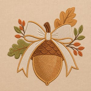 May include: An embroidered design on a light tan fabric featuring a large brown acorn with a textured cap. A cream-coloured ribbon is tied in a bow around the top of the acorn. The design is accented with green oak leaves and small orange leaves.