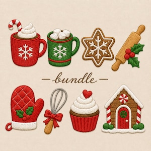 May include: An embroidery design bundle featuring a red mug with a candy cane, a green mug with marshmallows, a star-shaped cookie, a wooden rolling pin with holly, a red oven mitt, a whisk with a red bow, a cupcake, and a gingerbread house.