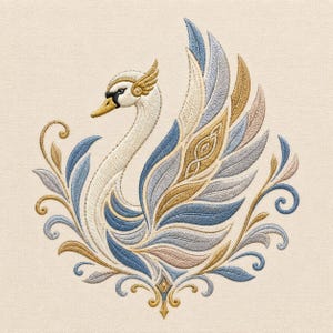 Elegant Swan Feather Flourish Embroidery Design Ornamental Waterfowl Fantasy Pattern