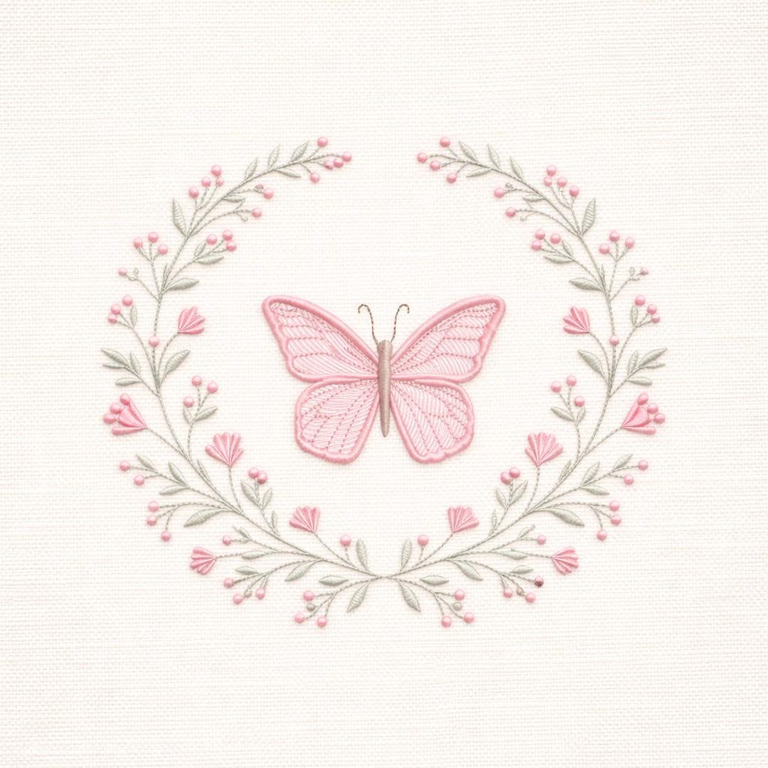 Butterfly Floral Wreath Embroidery Design Pink Botanical Machine ...