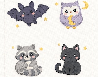 Lot de broderie animaux nocturnes : chauve-souris, hibou, raton laveur, chat (téléchargement numérique)