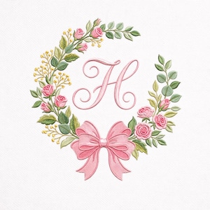 Blommigt monogram broderi design bokstav krans rosett elegant bröllop maskinfil digital nedladdning