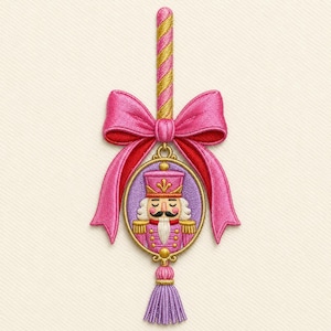 May include: An embroidered patch featuring a nutcracker portrait in a gold oval frame, topped with a large pink bow and a gold and pink striped pole, finished with a lavender tassel at the bottom. The nutcracker wears a pink uniform.