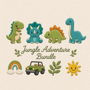 May include: A collection of embroidered patches featuring four dinosaurs, a rainbow, an off-road vehicle, a leafy branch, and a sun. The text Jungle Adventure Bundle is centered in the middle. The designs use green, blue, orange, and yellow thread.