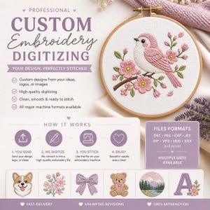 May include: A promotional image for custom embroidery digitizing services. The image features a finished embroidery hoop with a pink bird and floral design. Text includes "Custom Embroidery Digitizing" and details about the process, file formats, and sizes.