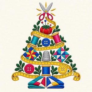 Peut inclure: Un motif de broderie en forme de sapin de Noël, composé d'accessoires de couture incluant des ciseaux roses, un pelote à épingles rouge, des bobines de fil colorées, des boutons, un dé, des carrés de tissu matelassé et un mètre ruban jaune.
