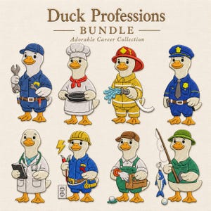 Puede incluir: Un conjunto de diseños de bordado titulado Duck Professions BUNDLE Adorable Career Collection que presenta ocho patos vestidos como mecánico, chef, bombero, policía, médico, electricista, golfista y pescador con varias herramientas.