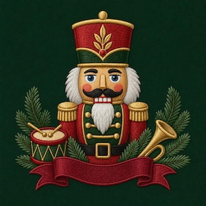 May include: An embroidered nutcracker figure wearing a red and green uniform with gold accents, featuring a tall hat, white hair, and a mustache. The design includes a small drum with sticks, a golden trumpet, and pine branches above a red banner.