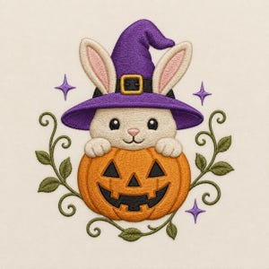 May include: An embroidery design featuring a cream-colored rabbit wearing a purple witch hat with a black band and gold buckle. The rabbit rests its paws on an orange jack-o'-lantern with a black face, surrounded by green vines and purple stars.
