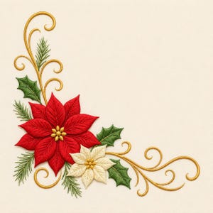 May include: An embroidery design featuring a large red poinsettia and a smaller cream-coloured poinsettia, accented with green holly leaves, pine needles, and intricate gold swirling flourishes arranged in a corner pattern on a cream background.
