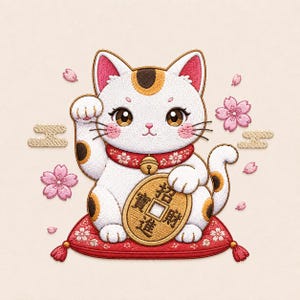 May include: Embroidered image of a white Maneki-neko cat with brown spots, wearing a red collar and holding a gold coin. The cat sits on a red cushion with pink floral accents, surrounded by pink cherry blossoms and decorative clouds.