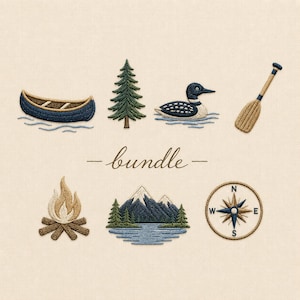 Camping Embroidery Bundle Canoe Pine Tree Loon Paddle Campfire Mountain Compass Adventure Collection