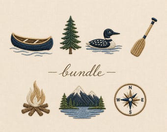 Camping-Stickset: Kanu, Kiefer, Seetaucher, Paddel, Lagerfeuer, Berg, Kompass, Abenteuerkollektion