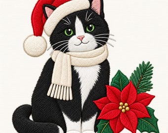 Puede incluir: Un diseño bordado de un gato blanco y negro que lleva un gorro de Papá Noel rojo con un pompón blanco y una bufanda color crema con flecos. Junto al gato hay una flor de pascua roja brillante con hojas verdes y centros dorados.