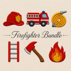 Pode incluir: Um conjunto de designs de bordado com um capacete de bombeiro vermelho, um caminhão de bombeiros vermelho, uma mangueira de incêndio amarela enrolada, uma escada vermelha e prateada, um machado vermelho com cabo marrom e uma chama vermelha e amarela, com o texto Firefighter Bundle.