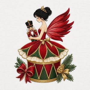 May include: An embroidered design featuring a fairy with dark hair and a gold crown, wearing a red and green dress with large red wings. The fairy holds a nutcracker doll. The base is a red and green drum decorated with pine branches and bows.