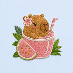 Motivo ricamato estivo con bevanda all'anguria e capibara, frutta tropicale e accenti floreali.