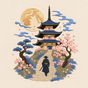 Puede incluir: Un diseño de bordado que muestra a una persona con túnica oscura y sombrero cónico subiendo escalones de piedra hacia una pagoda azul de varios niveles. La escena incluye una gran luna dorada, nubes azules estilizadas y cerezos en flor.