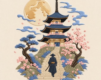 Japanese Samurai Embroidery Design Pagoda Cherry Blossom Moon Landscape Warrior Machine Stitch Pattern