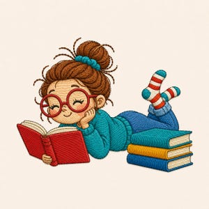 May include: An embroidered illustration of a person with brown hair in a messy bun, wearing large red glasses and a teal sweater, lying on their stomach while reading a red book. Three stacked books in blue and yellow sit nearby.
