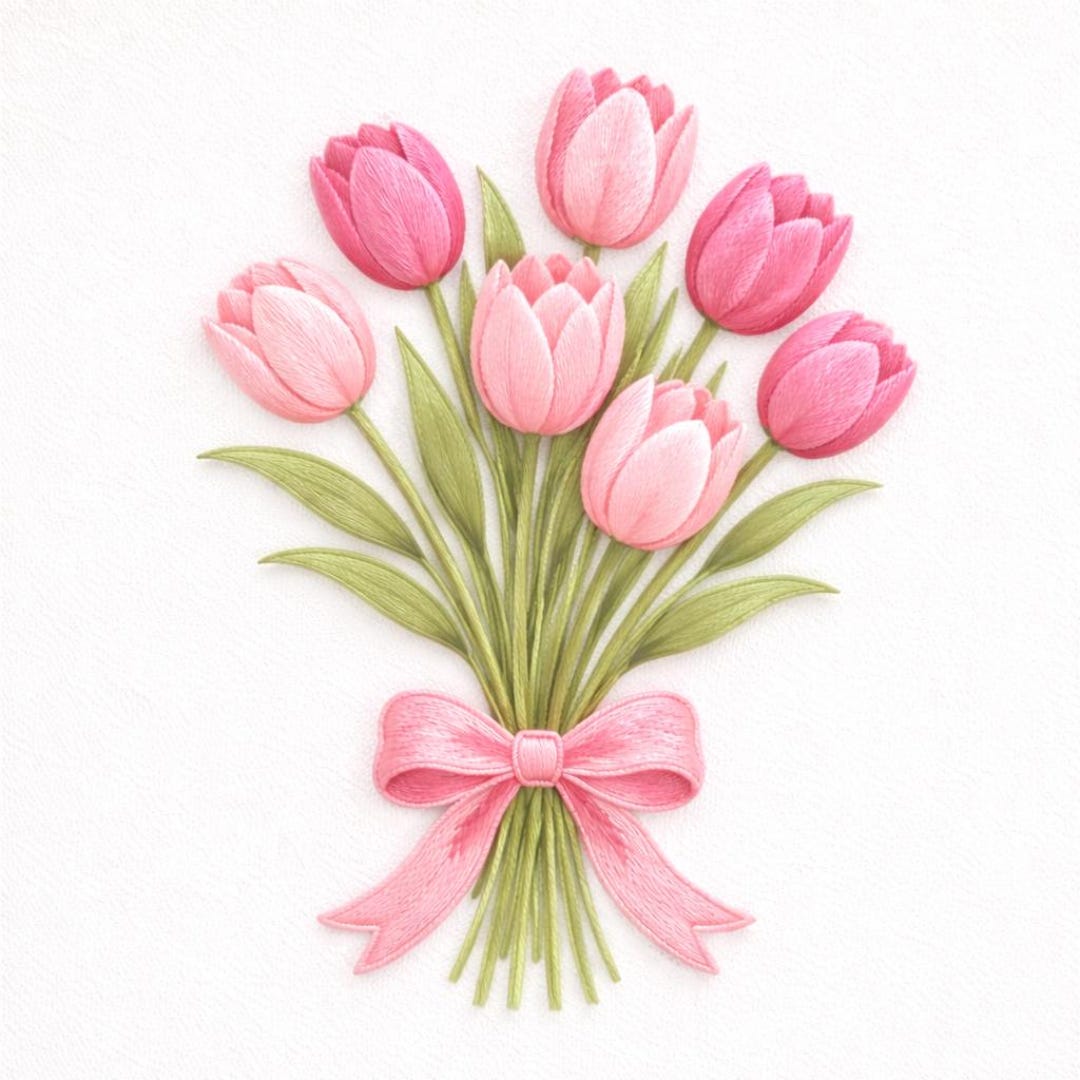 Tulip Bouquet Embroidery Design Pink Floral Spring Ribbon Gift Romantic ...