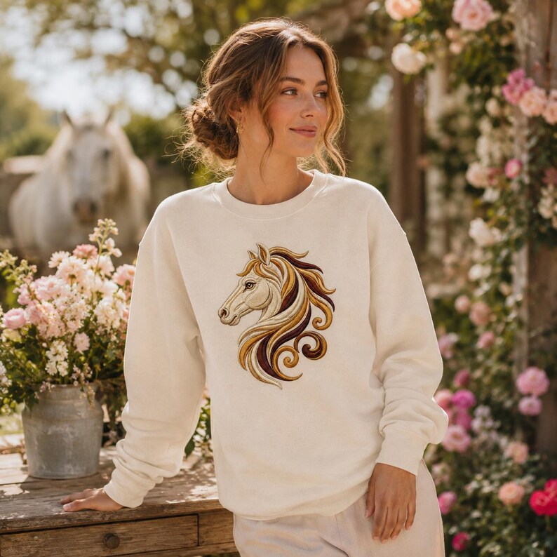 May include: A cream-coloured crewneck sweatshirt featuring an embroidered design of a horse head in profile. The horse has a flowing mane in shades of gold, brown, and cream, with intricate swirling patterns. The sweatshirt has long sleeves.