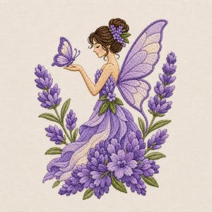 May include: An embroidery design featuring a fairy with brown hair in a bun, wearing a dress made of purple lavender flowers. The fairy has large purple wings, holds a small purple butterfly in their hands, and is surrounded by lavender.