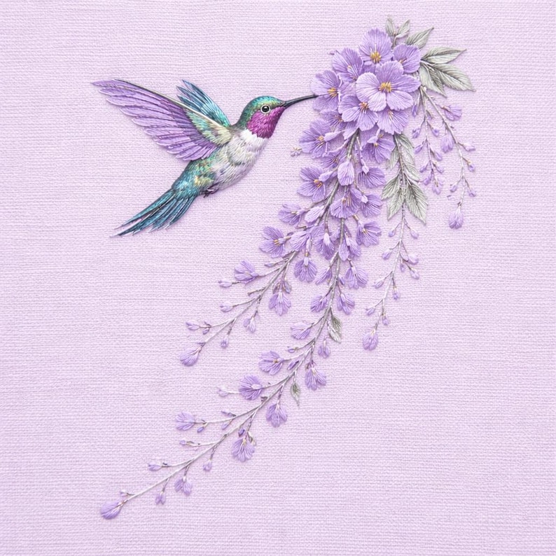 Lavender Bird Embroidery Design Purple Floral Branch Botanical Machine ...