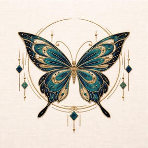 May include: An intricate illustration of a butterfly featuring teal and gold wings, set against a cream backdrop. The butterfly is encircled by a gold frame and decorative details, creating an elegant design.